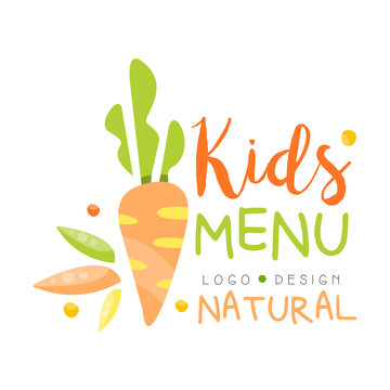 Natural Kids Menu Logo Design, Healthy Organic Food Colorful Creative Template Vector Illustration On A White Background