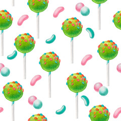 Watercolor pattern with green lollipops with sprinkles on a stick, turquoise and pink sweets on a white background. Illustration of food in cartoon style for textile, packaging design, printing