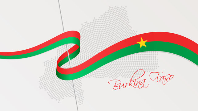 Wavy national flag and radial dotted halftone map of Burkina Faso