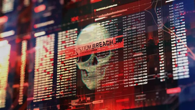 Hacked system, firewall fail, glitchy pc screen with error message, cyberattack. Abstract hacking background