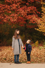 Fototapeta premium Two sisters walk in the park in autumn time. Childhood. season and people consept-happy family