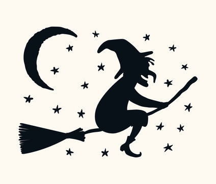 Hand drawn vector illustration of a witch flying on broomstick, with moon, stars. Isolated objects on white background. Silhouette drawing. Design concept, element for Halloween card, banner.