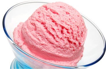 Strawberry ice cream scoop in bowl isolated on white background