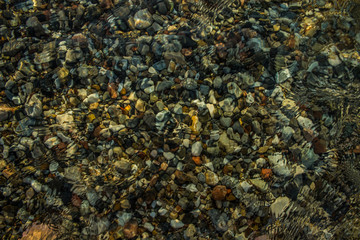 tropic exotic sea view to fuzzy underwater bottom stones through transparent water surface background texture