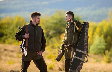 Gamekeeper rifles nature environment. Gamekeepers walk mountains background. Gamekeeper occupation...
