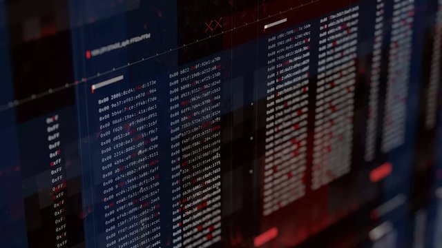 Hacking code strings running on screen, cyberattack, system breach, infiltration. Abstract hacking background