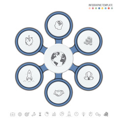 Data and information visualization. Stock vector. Modern 6 steps presentation, business infographics template, Set of infographic elements. Template. Blue circles.