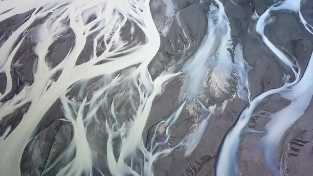 Aerial view of diverging glacial river in Iceland