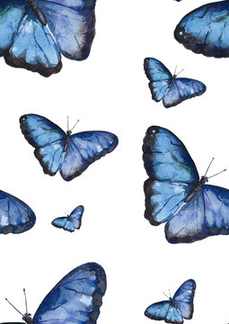 Seamless pattern with large watercolor blue butterflies on a white background. Image for packaging.  Morpho butterflies