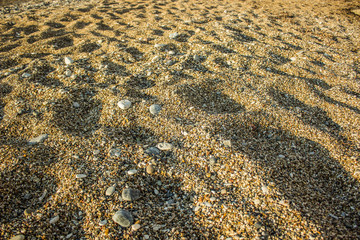 sea shore sand and small stones background texture for wallpaper or banner on tourism and summer vacation holidays theme, copy space
