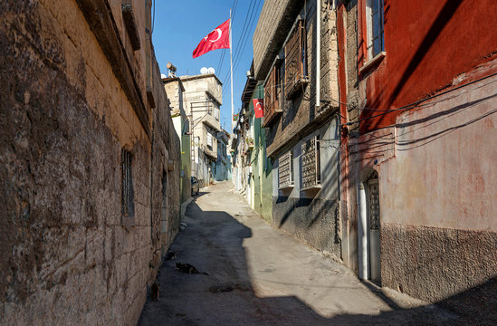 Gaziantep Turkey Old Street with Turkish Flag