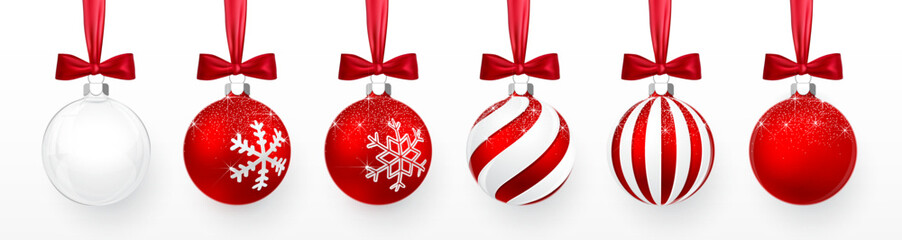 Transparent and Red Christmas ball with snow effect and red bow set. Xmas glass ball on white background. Holiday decoration template. Vector illustration