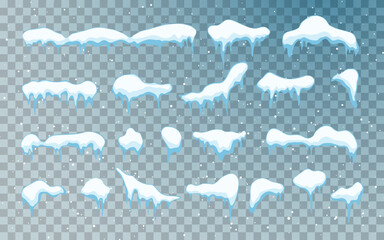 Snow caps, snowballs and snowdrifts set. Snow cap vector collection. Winter decoration element. Snowy elements on winter background. Cartoon template. Illustration