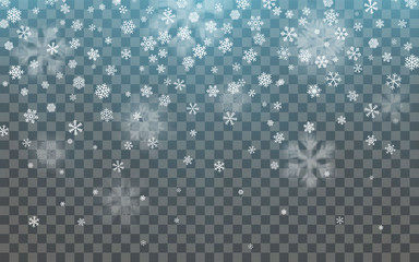 Christmas snow. Falling snowflakes on dark background. Snowflake transparent decoration effect. Xmas snow flake pattern. Magic white snowfall texture. Winter snowstorm backdrop illustration