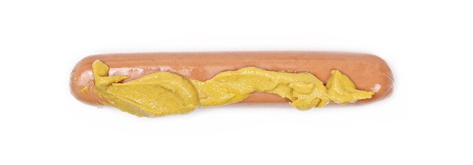 Hot dog with mustard isolated on white, top view