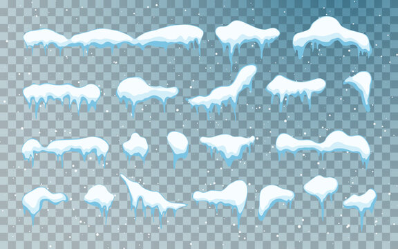 Snow caps, snowballs and snowdrifts set. Snow cap vector collection. Winter decoration element. Snowy elements on winter background. Cartoon template. Illustration