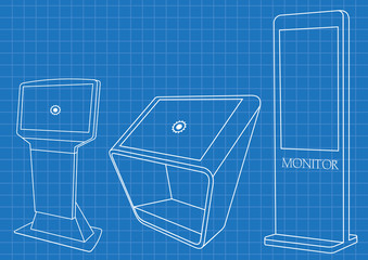 Blueprint of Set of Promotional Interactive Information Kiosk, Advertising Display, Terminal Stand, Touch Screen Display. Mock Up Template.