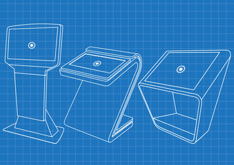 Blueprint of Set of Promotional Interactive Information Kiosk, Advertising Display, Terminal Stand, Touch Screen Display. Mock Up Template.
