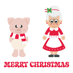 winter cartoon pig with scarf and cartoon mrs santa and christmas text