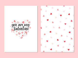 Greeting vector card for Valentine's Day. You are my Valentine lettering with red little hearts. Pattern with hearts on white. Romantic February 14 illustration