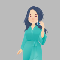 Healthy happy woman in green robe rinsing and gargling while using mouthwash from a glass. During daily oral hygiene routine. Dental Health Concept, Vector and illustration