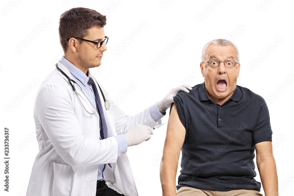 Poster young doctor giving a shot to a terrified mature man