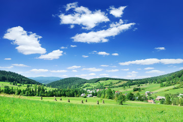 Fototapeta na wymiar View of the green fields and blue sky