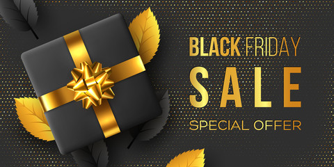 Black Friday sale poster or banner. Luxury design with leaves, box and realistic golden bow on dotted background. Concept for seasonal discounts. Vector illustration.