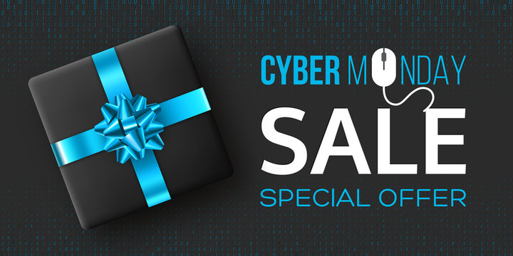 Cyber monday sale horizontal poster or banner for seasonal discounts. Black box with realistic blue bow on code background. Sale concept. Vector illustration.
