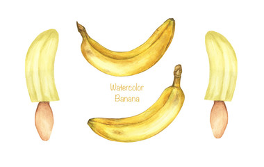Set of ripe bananas and banana with ice cream stick isolated on white background. Hand drawn watercolor illustration.