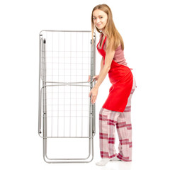 Woman holding clothes drying rack on white backgrouns isolation