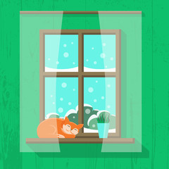 Wooden window with snowy landscape view. Red cat is sleeping and a house plant is standing on the windowsill. Vector illustration in flat cartoon style. Cosy sweet home interior
