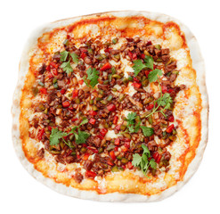 Pizza with duck meat and barbecue sauce, isolated on white