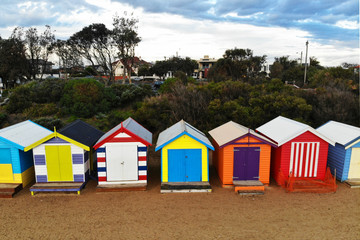 Fototapeta na wymiar Ariel View of the Bath Boxes at Brighton Beach, Melbourne, Australia