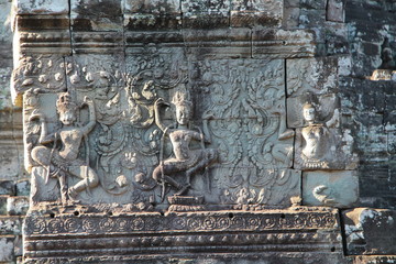 The Bayon is a richly decorated Khmer temple at Angkor in Cambodia.