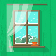 Wooden window with white curtains and with snowy landscape view. A cup of hot coffee or tea is standing on the windowsill. Vector illustration in flat cartoon style. Cosy sweet home interior