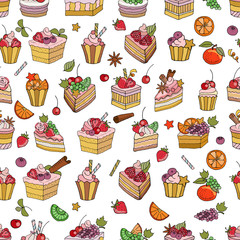 Cakes, fruit and berries. Seamless pattern, vector illustration.