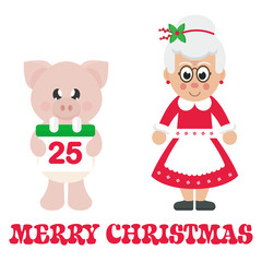 winter cartoon pig with christmas calendar and cartoon mrs santa and christmas text