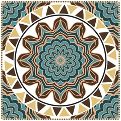 Ornamental floral print with color mandala. For design of carpet, shawl, pillow, cushion. Vector illustration