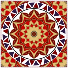 Decorative colorful floral ornament with decorative border. Ethnic mandala decoration. For fashion print, bandanna, tablecloth, neck scarf