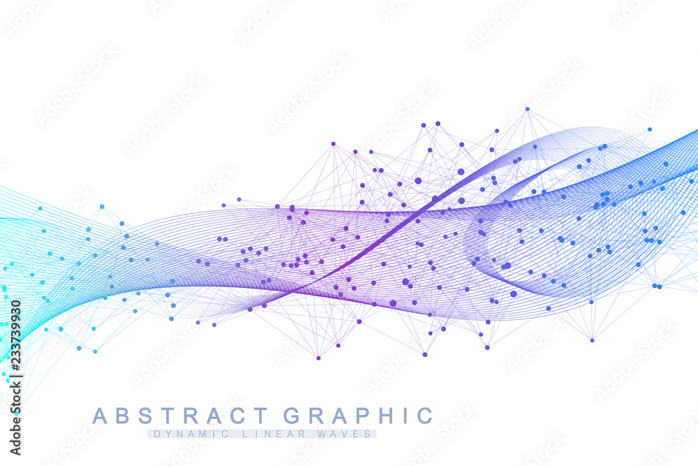 Poster Vector abstract background with a colored dynamic waves, line and particles. Wave flow. Digital frequency track equalizer.