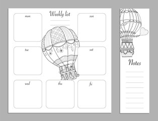 Flat design adult coloring page, notes, weekly and to do list in top view. Sketchbook, coloring book, diary or bullet journal mockup. Vector illustration of detailed air ballon