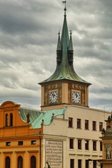 Fototapeta premium Spires of a typical buildings in the center of Prague, Czech Republic
