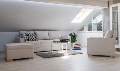 Living room interior in loft apartment, attic renovation