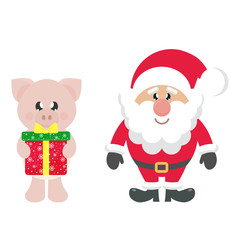 winter cartoon pig with christmas gift and santa claus