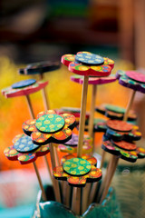 Colorful wood craft flowers with polka dots