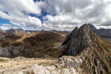 Panoramic View of mountains in the Cordillera Huayhuash, Andes Mountains, Peru