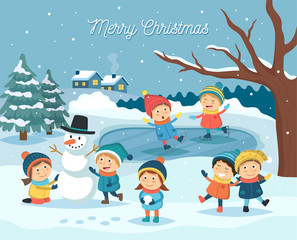 Fototapeta premium Winter children scene - kids playing outdoor in the snow, making snowman, ice skating. Winter landscape, christmas and new year greeting card. Vector illustration in cartoon style