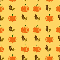 Autumnal Thanksgiving orange seamless pattern with pumpkin and leaf, leaves illustration.