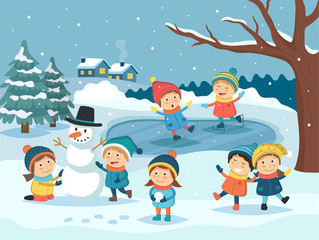 Fototapeta premium Winter children scene - kids playing outdoor in the snow, making snowman, ice skating. Winter landscape, christmas and new year greeting card. Vector illustration in cartoon style